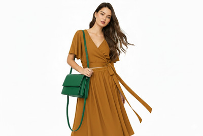 TR HAUTE Women Two Piece Dress Brown Below Knee Dress