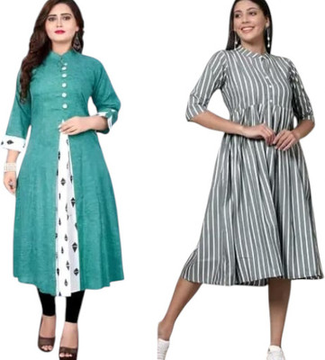 Houseofcommonk Women Printed, Striped Anarkali Kurta(Green, Grey)