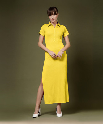 Oomph! Women Bodycon Yellow Midi/Calf Length Dress