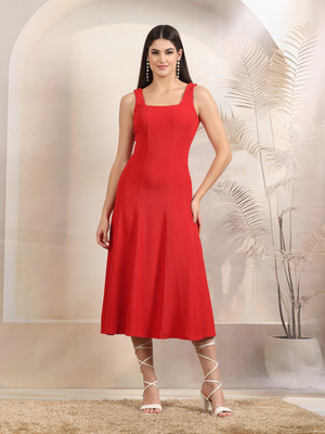 AAYU Women A-line Red Midi/Calf Length Dress