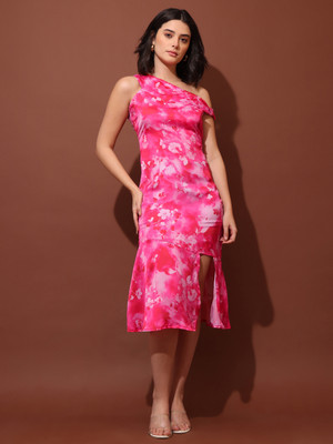 PURVAJA Women Fit and Flare Pink Midi/Calf Length Dress