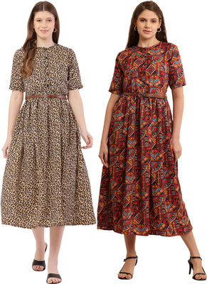 Mamnoon Women Fit and Flare Grey, Dark Blue Midi/Calf Length Dress