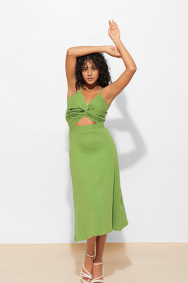 Urban Sundari Women A-line Green Midi/Calf Length Dress