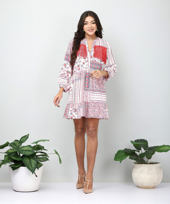 TSM Women A-line White Above Knee/Mid Thigh Length Dress