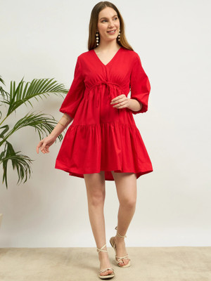 ZUMMER Women Fit and Flare Red Above Knee/Mid Thigh Length Dress