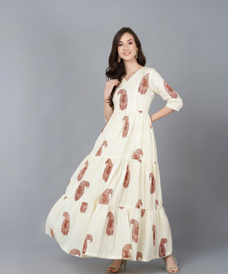 AHIKA Women Fit and Flare Beige Maxi/Full Length Dress