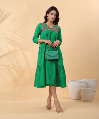 Janasya Women A-line Green Below Knee Dress