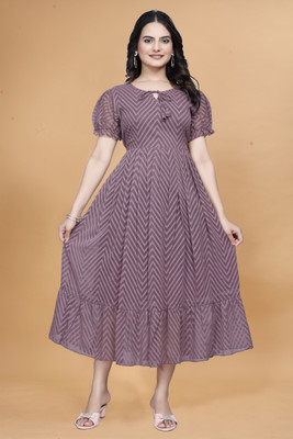 Qena Women Fit and Flare White, Purple Midi/Calf Length Dress