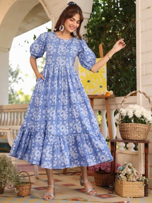 Janasya Women Tiered Blue Dress