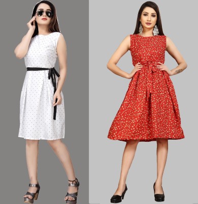 maruti fab Women Fit and Flare White, Red Dress