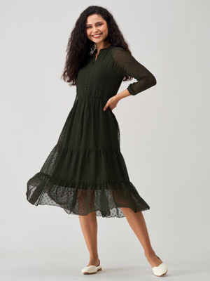 AASK Women Fit and Flare Dark Green Midi/Calf Length Dress