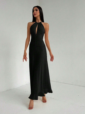 OUTZIDR Women Fit and Flare Black Below Knee Dress