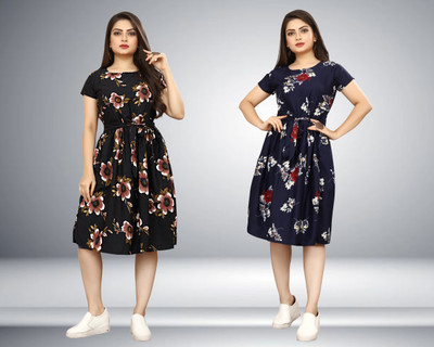 HouseOfCommon Women A-line Black, Dark Blue Knee Length Dress