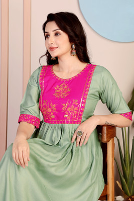 jeqson Women Fit and Flare Green Midi/Calf Length Dress