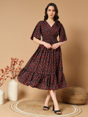 ZWERLON Women A-line Red Midi/Calf Length Dress