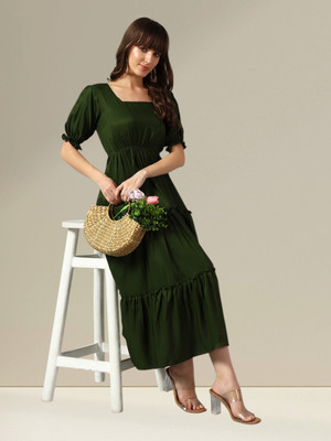 Raiyani Enterprise Women Fit and Flare Light Green Midi/Calf Length Dress