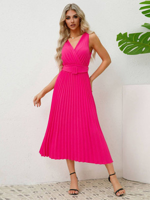 all about you Women A-line Pink Midi/Calf Length Dress