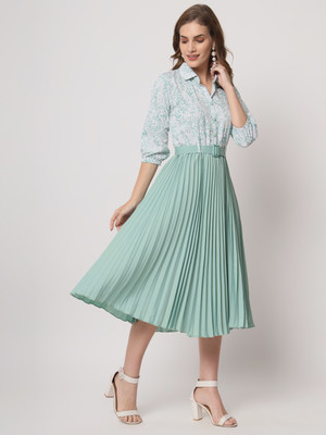 ZWERLON Women Fit and Flare Light Green, White Midi/Calf Length Dress