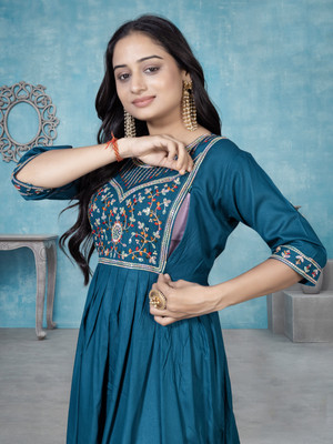 OVUSI Women Ethnic Dress Blue Below Knee Dress