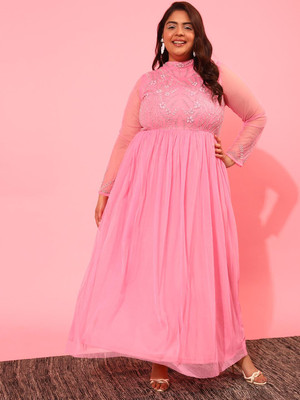 CURVY STREET Women Fit and Flare Pink Maxi/Full Length Dress