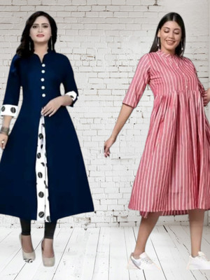 Texpamz Women Striped A-line Kurta(Blue, Pink)