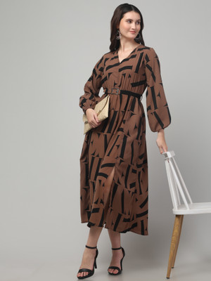 clobug Women Fit and Flare Brown, Black Midi/Calf Length Dress