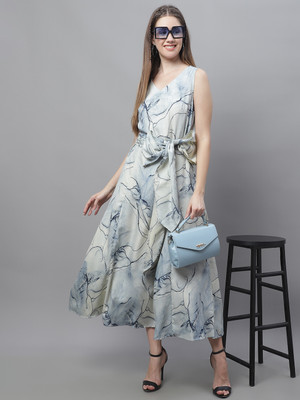 JAINISH Women A-line Grey, White Midi/Calf Length Dress