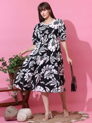 Sheetal Accociates Women Fit and Flare Black, White Midi/Calf Length Dress