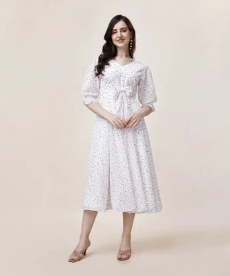 OSHO ENTERPRISE Women Fit and Flare White Midi/Calf Length Dress