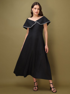 PURVAJA Women A-line Black Midi/Calf Length Dress