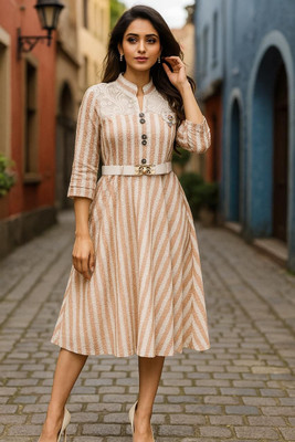 SABA ENTERPRISES Women A-line Beige Knee Length Dress