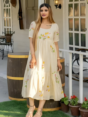 Aarohi Women Fit and Flare Beige Below Knee Dress