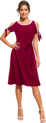 Shoponbit Women Fit and Flare Maroon Knee Length Dress