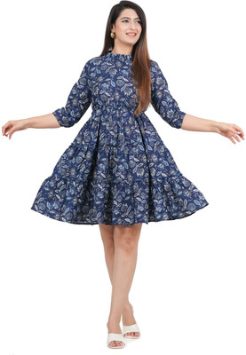 RILAKE Women A-line Dark Blue, Blue, White Above Knee/Mid Thigh Length Dress