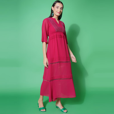 KATLINE Women A-line Pink Midi/Calf Length Dress
