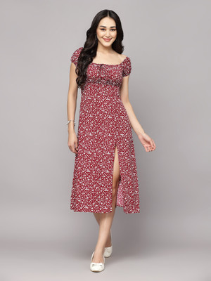 Herway Women A-line Maroon, White Midi/Calf Length Dress