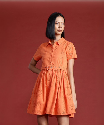 all about you Women A-line Orange Above Knee/Mid Thigh Length Dress