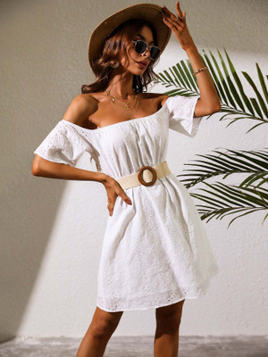 OUTZIDR Women A-line White Above Knee/Mid Thigh Length Dress