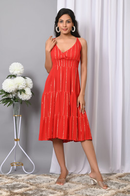 IQRAAR Women A-line Red Below Knee Dress