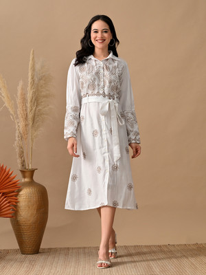 Myshka Women Shirt White, Green Midi/Calf Length Dress