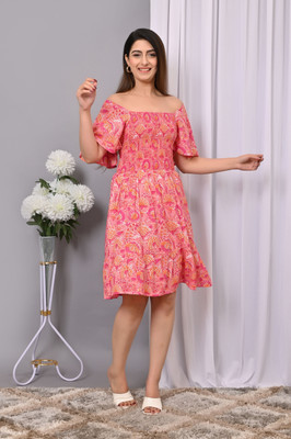 VYMO Women Fit and Flare Pink Above Knee/Mid Thigh Length Dress