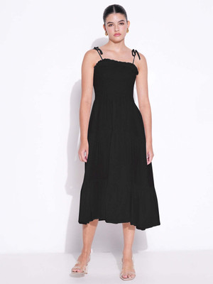 SHOWOFFFF Women Fit and Flare Black Midi/Calf Length Dress