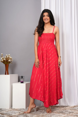VYMO Women Fit and Flare Red Maxi/Full Length Dress