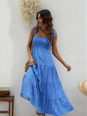 OUTZIDR Women A-line Blue Ankle Length Dress
