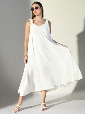 SHOWOFFFF Women A-line White Midi/Calf Length Dress