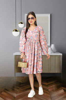 GIVAFASHION Women Fit and Flare Pink Below Knee Dress