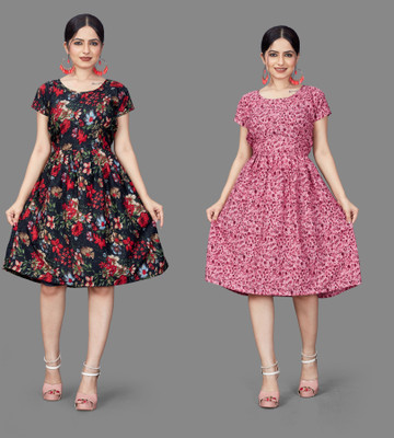 VARUDIFAB Women Fit and Flare Multicolor Knee Length Dress
