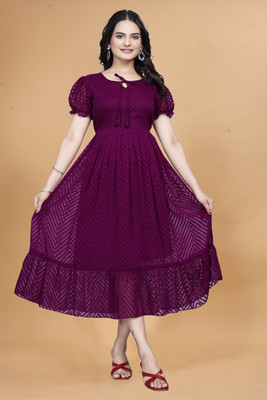Qena Women Fit and Flare Purple Midi/Calf Length Dress