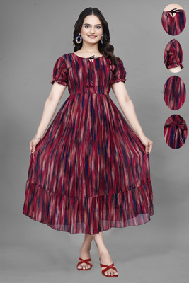 Bhadani Women Maxi Maroon, Blue Full Length Dress