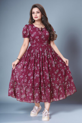 Bhadani Women Fit and Flare Maroon, White Maxi/Full Length Dress